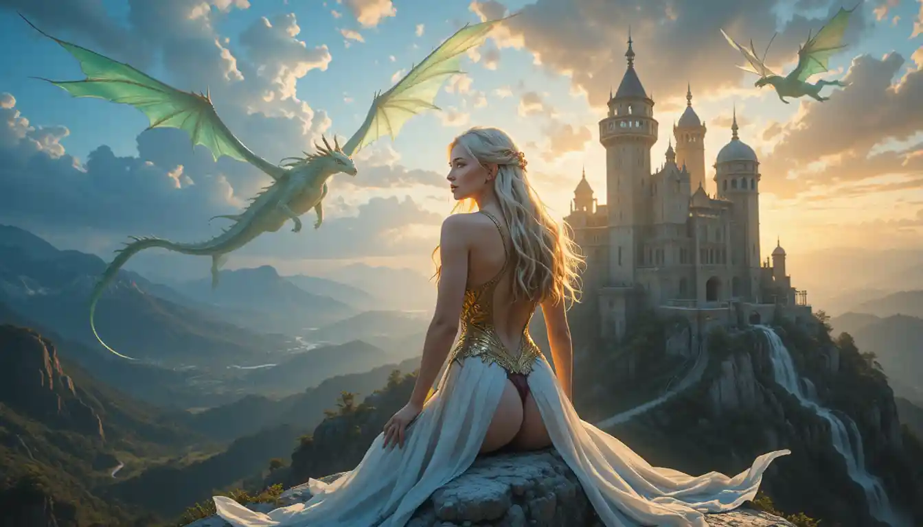 Athletic blonde woman on icy stone steps by castle