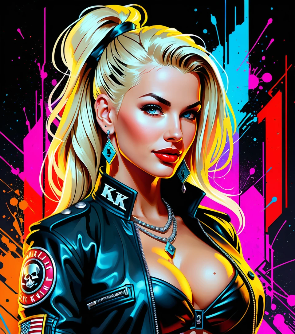 Blonde pinup boutique clerk in neon tattoo studio