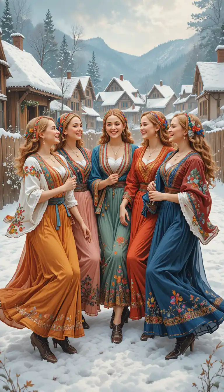 Donne che danzano in colorati abiti folkloristici in un villaggio innevato