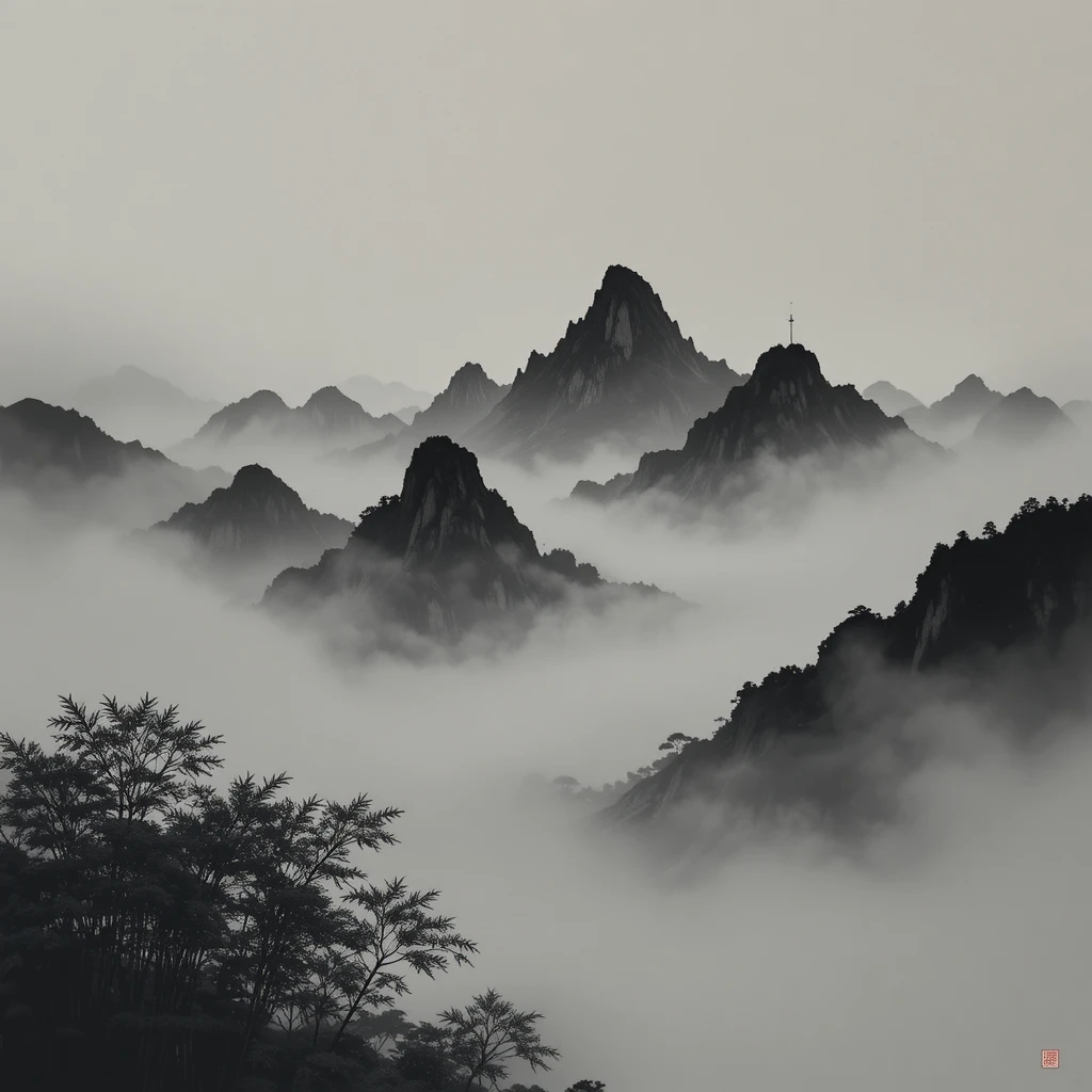 Misty mountain peaks rising above fog with bamboo grove