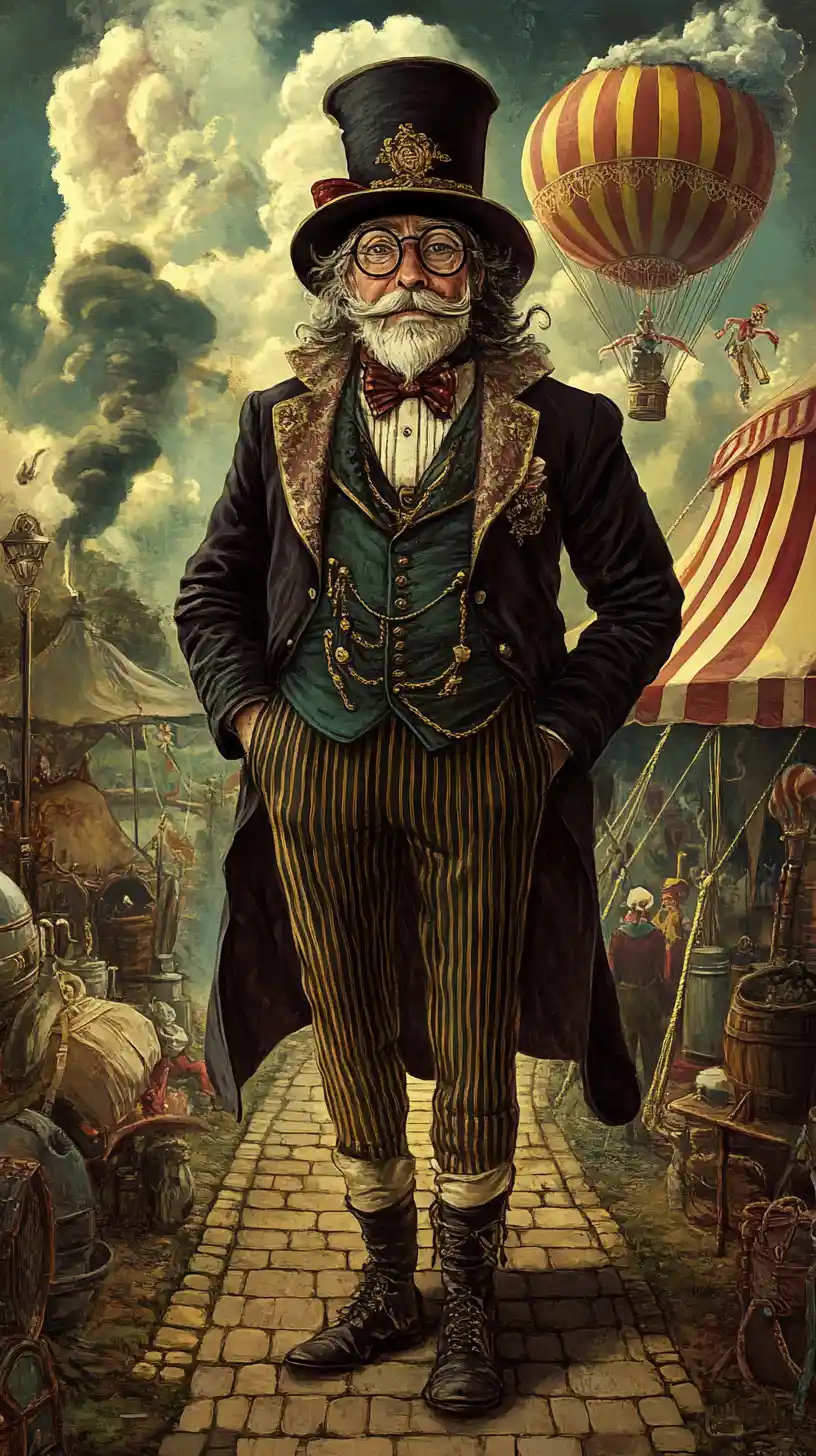 Mago davanti a tenda da circo in illustrazione fantasy vintage