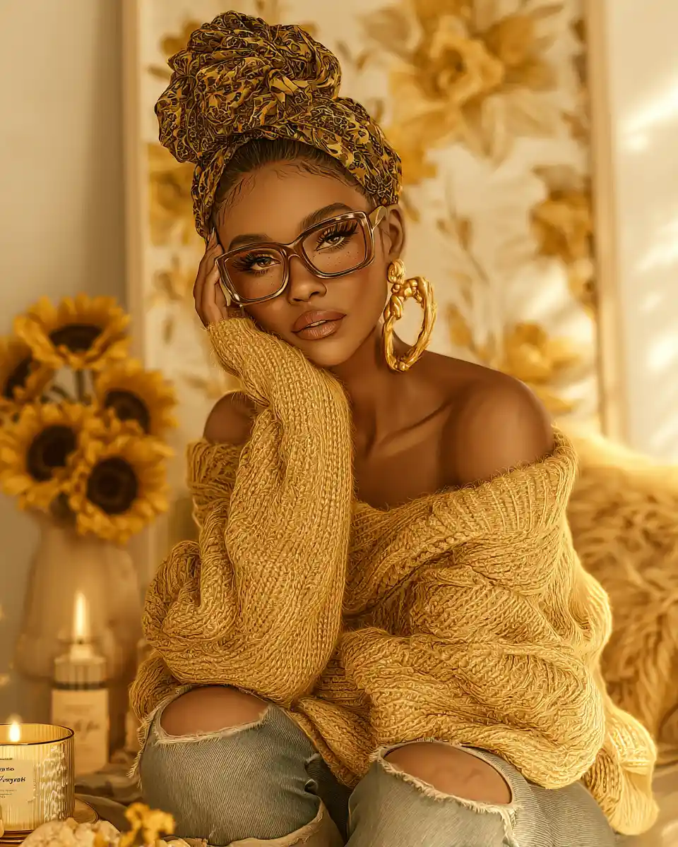Retrato de mulher negra em interior moderno dourado e aconchegante