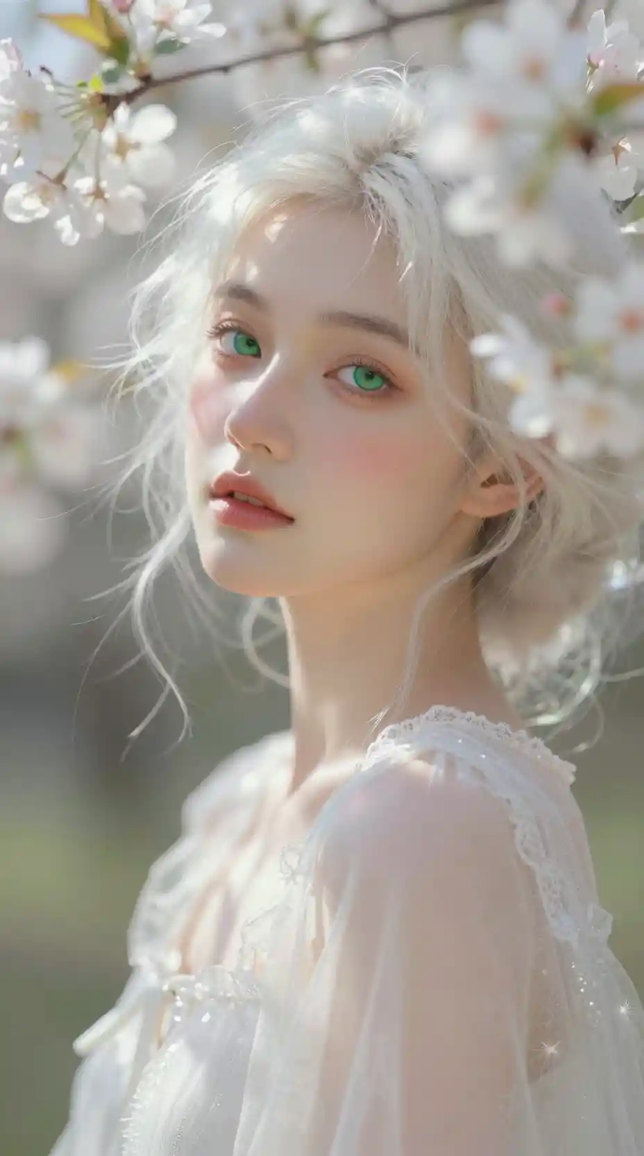 부드러운 봄꽃 사이에 선 백발의 에테리얼 소녀