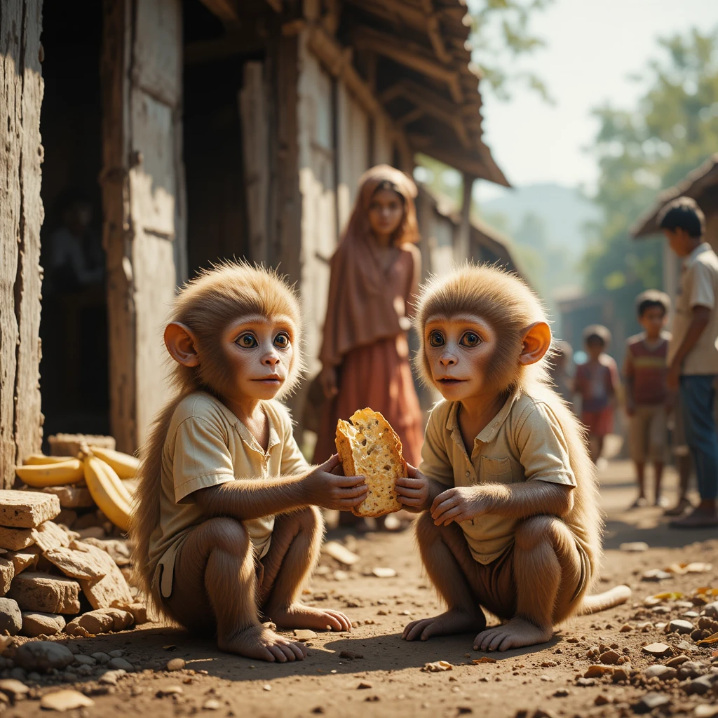 Two baby monkeys fed by kind woman in village courtyard