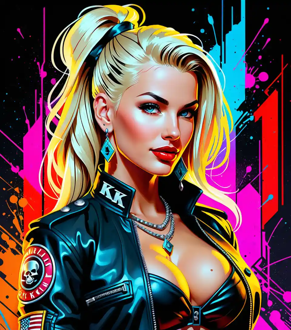 Atendente loira pin-up de boutique em estúdio de tatuagem neon