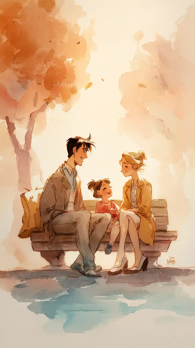 Padre e hija riendo juntos en un banco al atardecer
