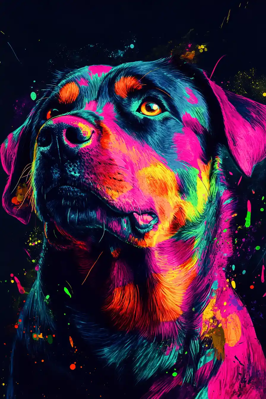 Neon rottweiler portrait with vibrant abstract paint splashes