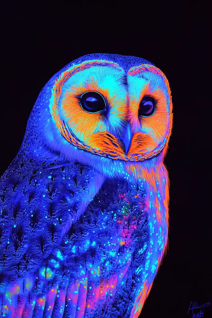 Neon barn owl portrait glowing against deep black background
