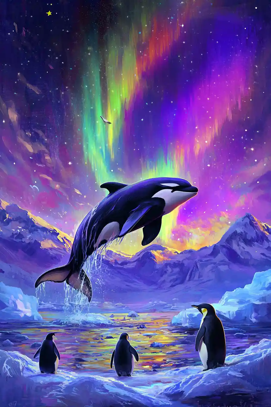 Von Aurora erleuchtete Arktisszene mit springendem Orca und Pinguinen