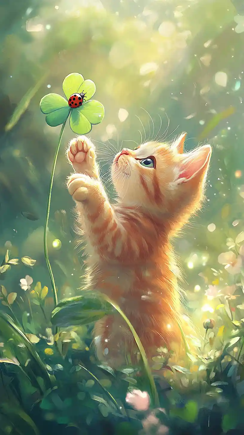 Playful ginger kitten with clover in a green meadow