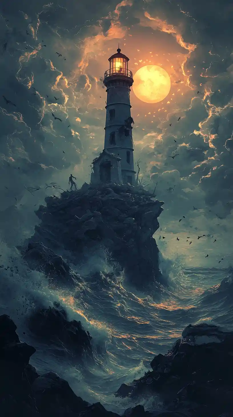 Antico faro fuso con scogliere frastagliate sopra un mare oscuro