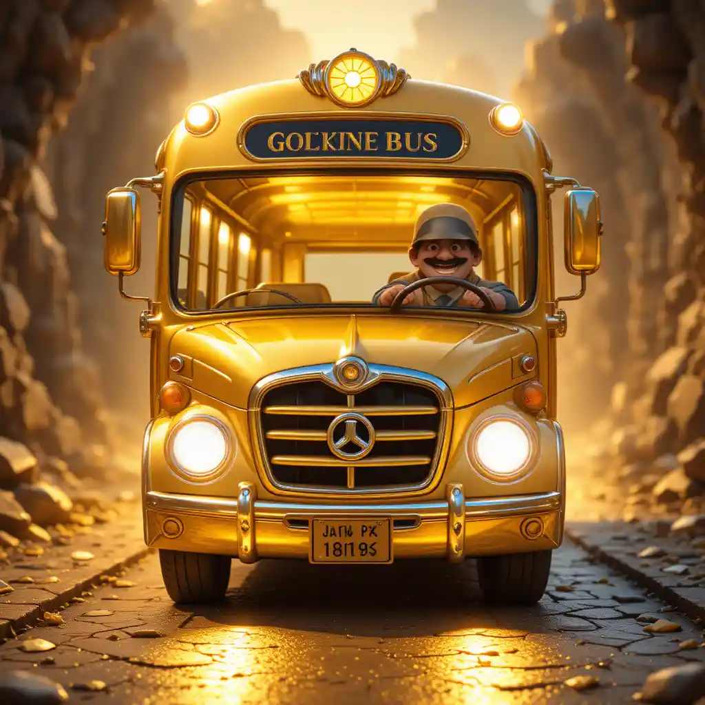 Golden cartoon bus with smiling face on glowing road