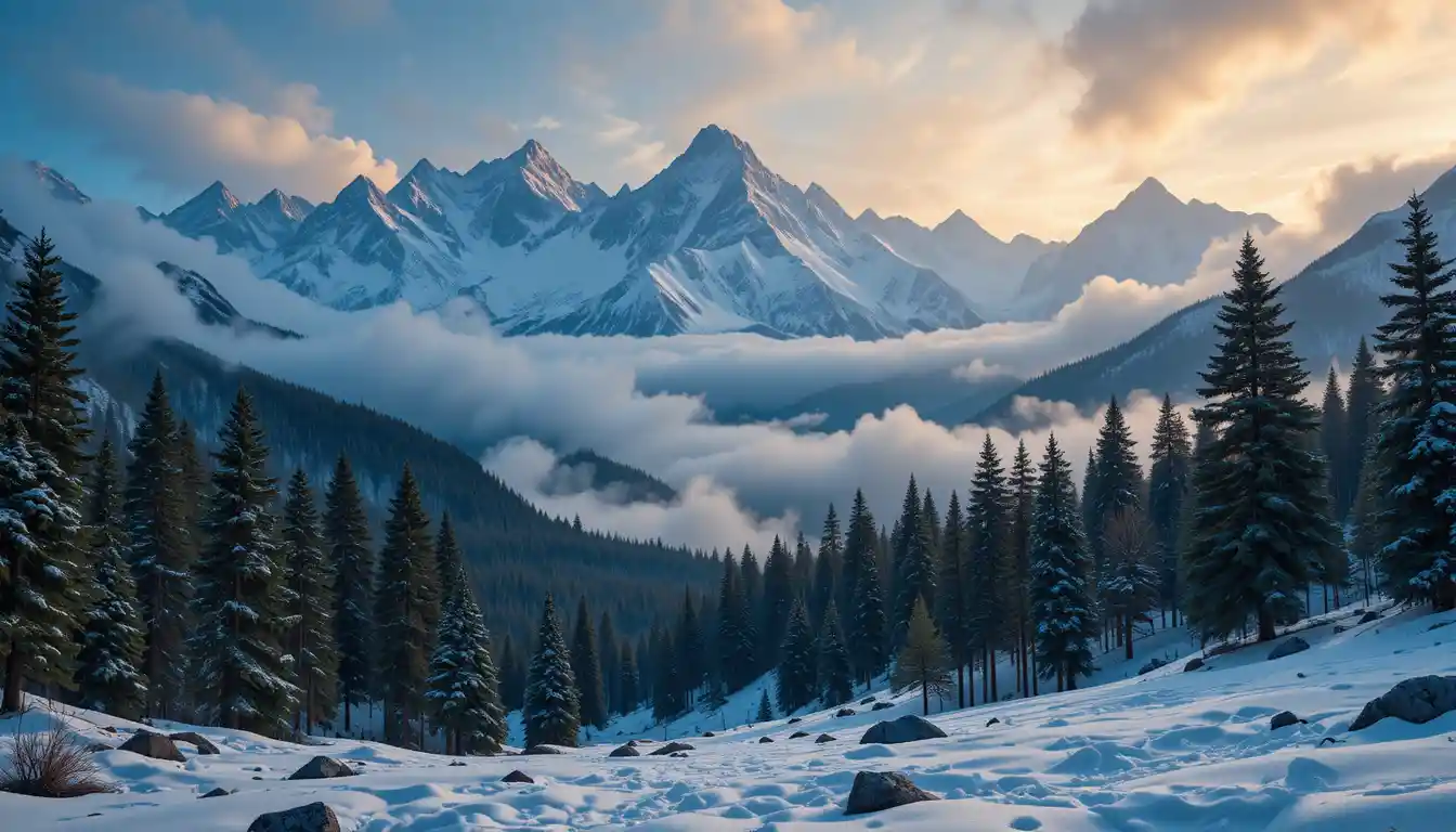 Serene Himalayan mountains at dawn above a misty pine forest