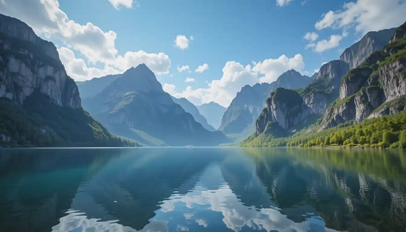 Misty cliffs reflected in a calm glassy mountain lake