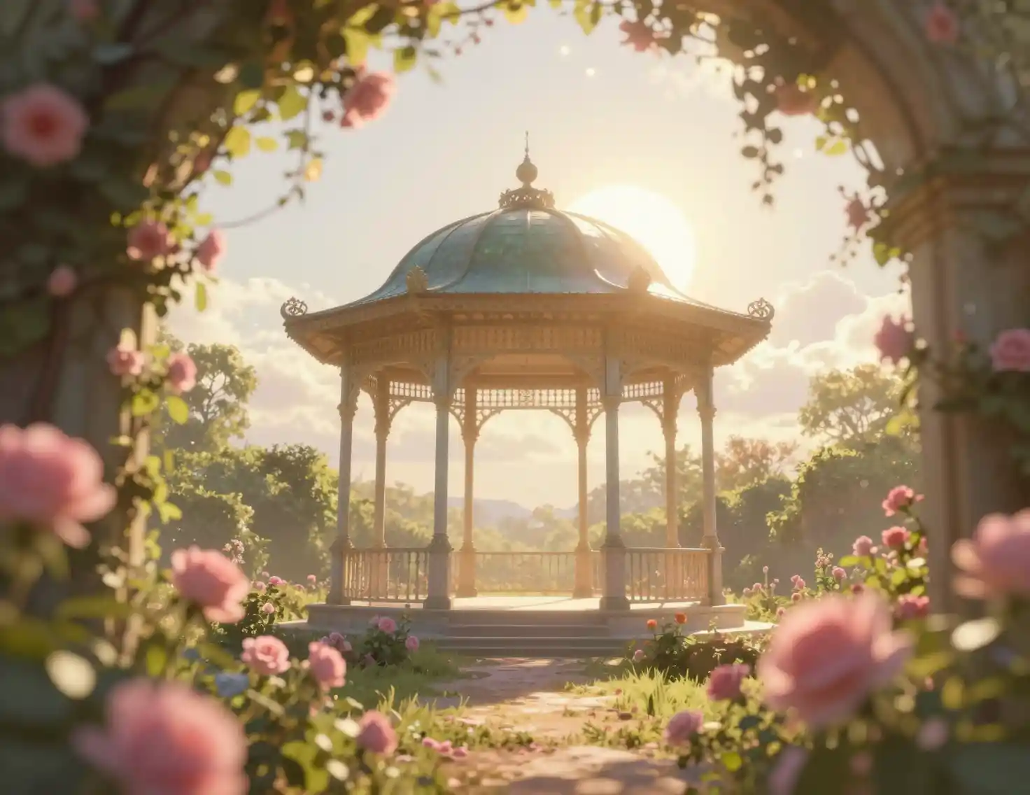 Golden hour garden gazebo framed by soft blossoms