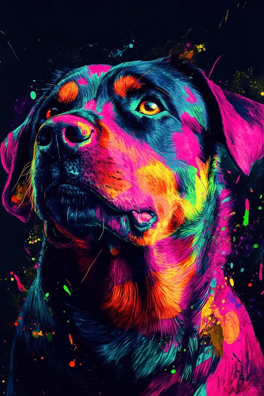 Portrait de rottweiler néon avec éclaboussures de peinture abstraite vibrantes