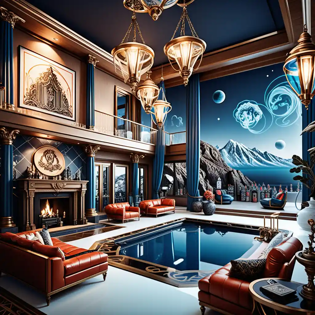 Luxurious fantasy villa interior in isometric celestial style