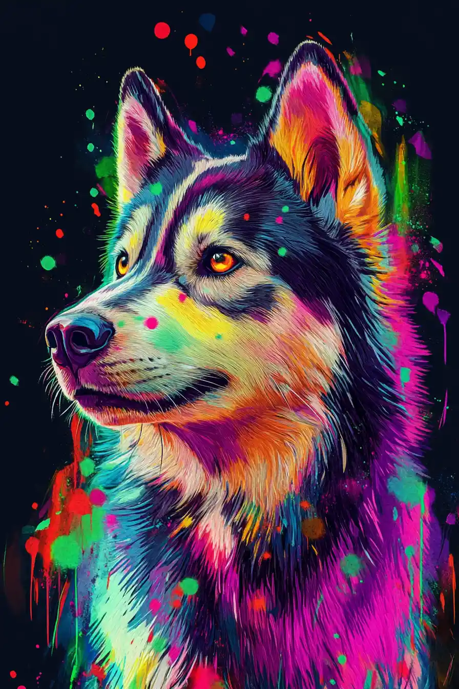 Ritratto al neon di husky siberiano in vivaci colori fluorescenti