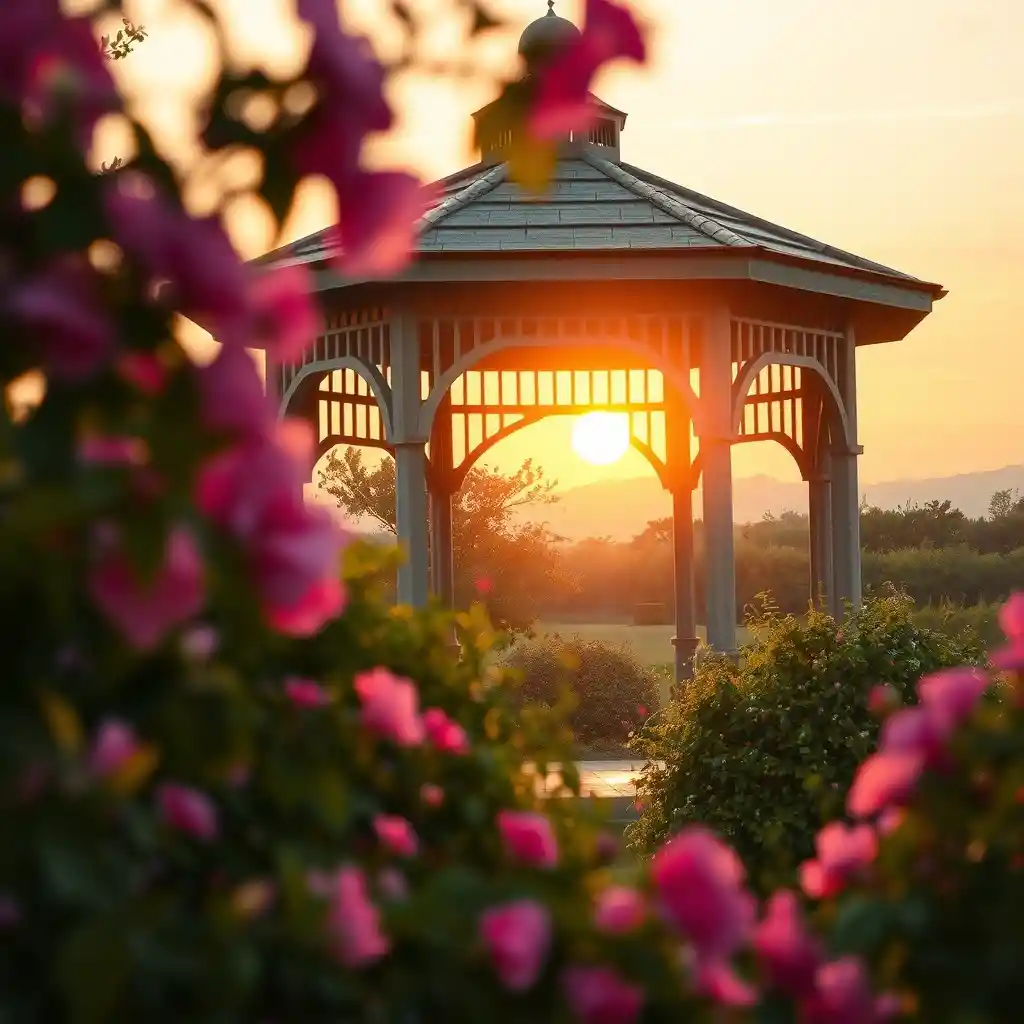 Gazebo da giardino al sole incorniciato da delicate fioriture rosa in primo piano