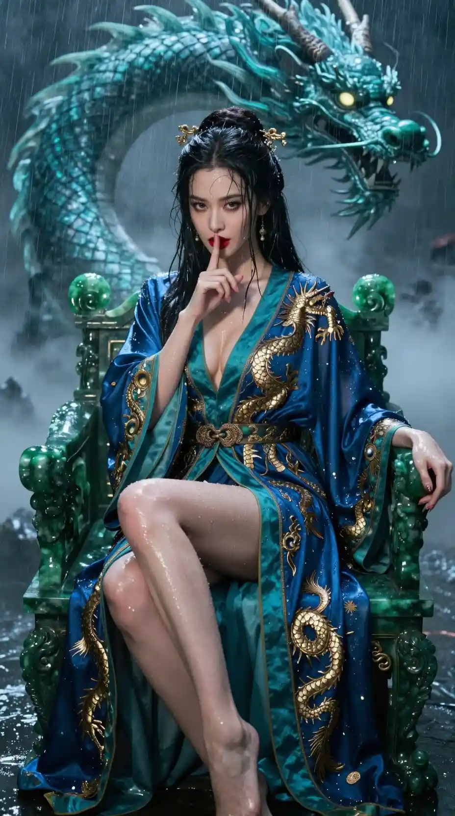 Regal woman on jade throne in stormlit dragon hall