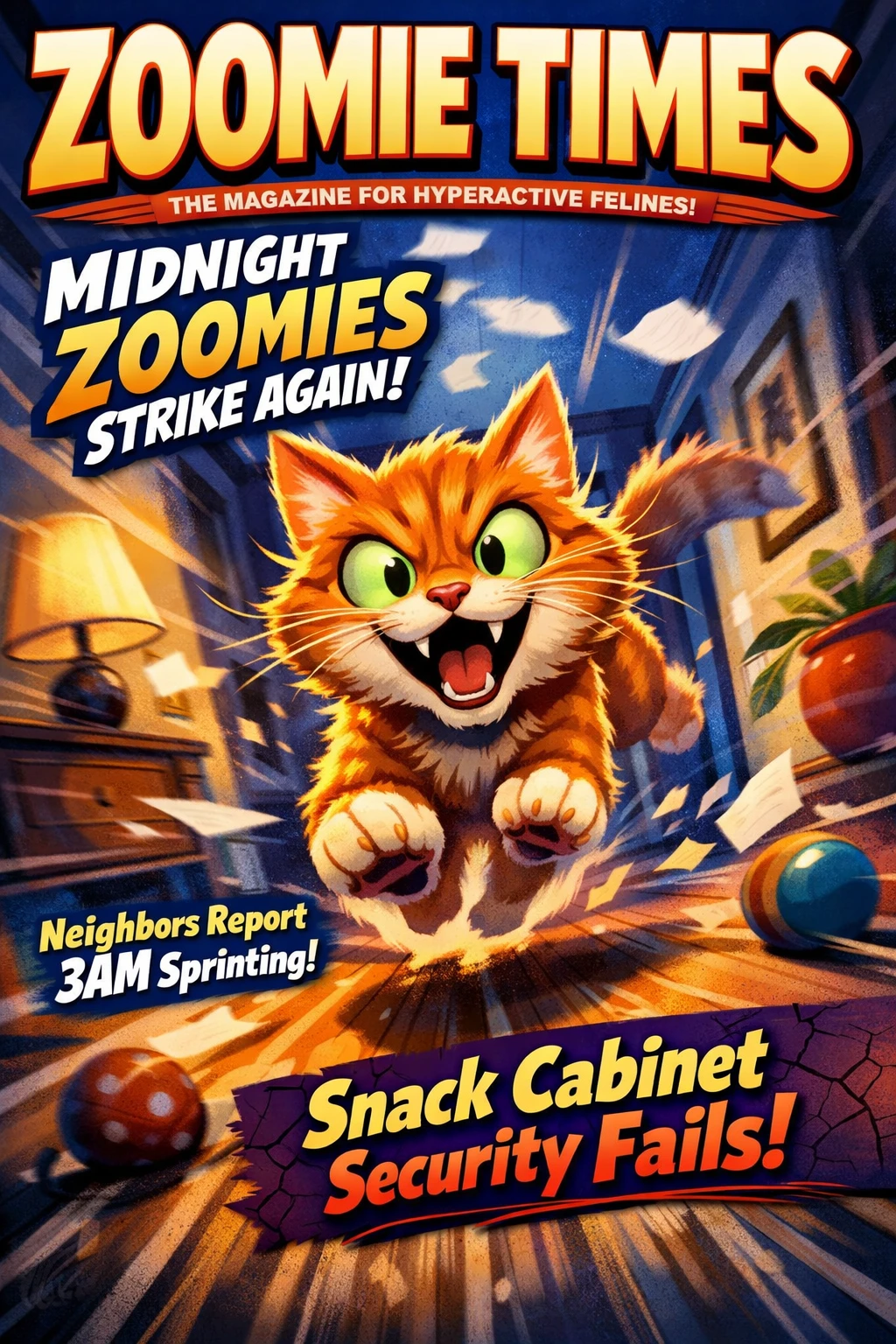 Cartoon cat racing down a hallway in midnight zoomies