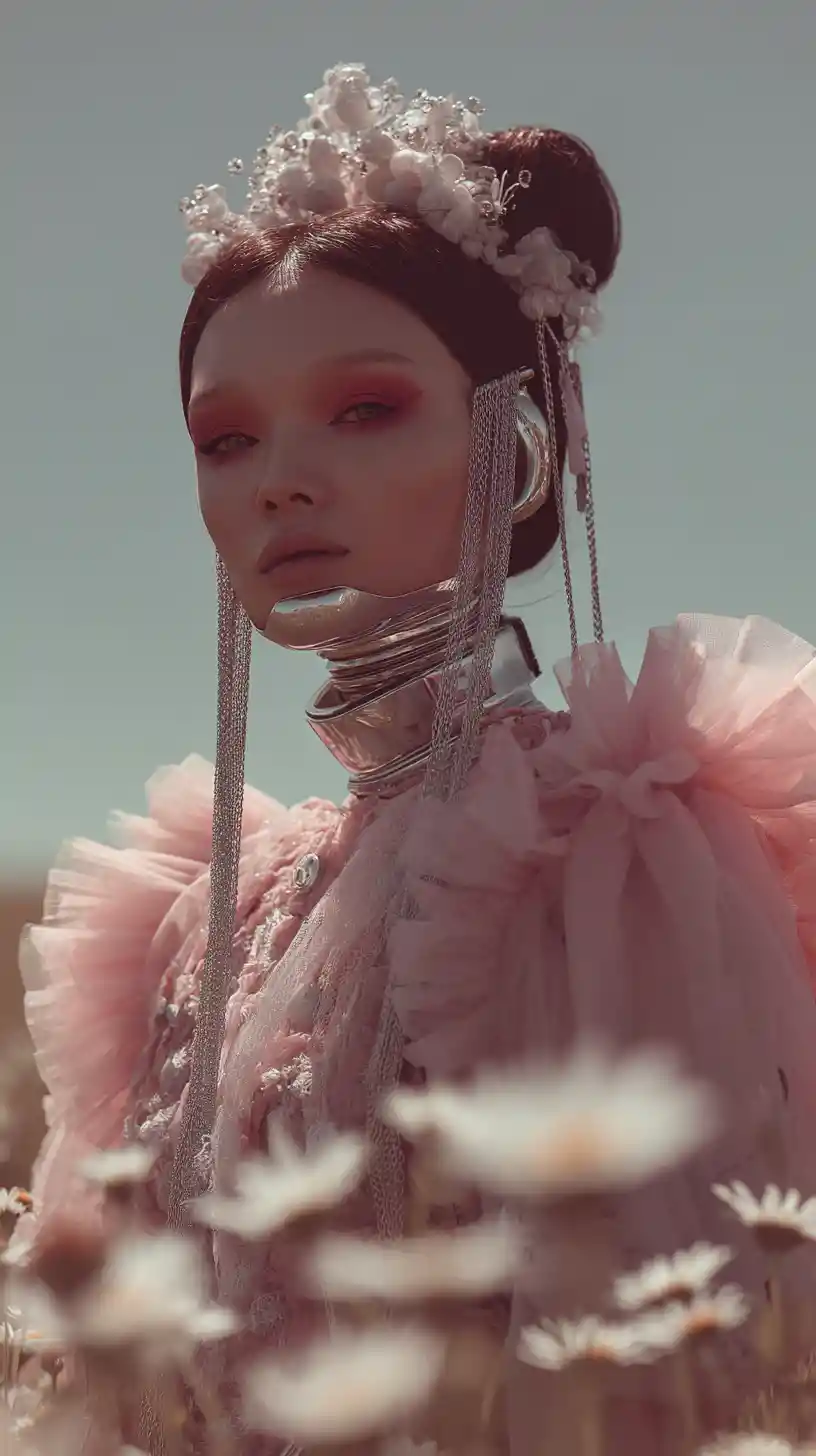Cyborg empress portrait in a sunlit daisy field