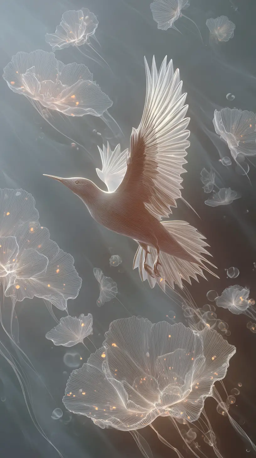Luminous bird ascending through ethereal floral fragments