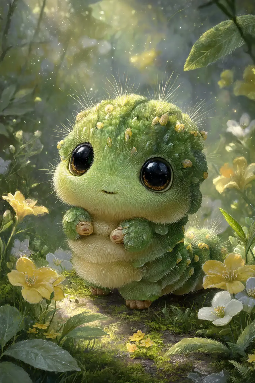 Cute fluffy caterpillar in a sunny spring forest glade