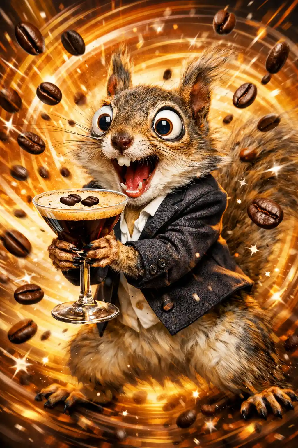 Frantic squirrel in a tiny blazer clutching an espresso martini