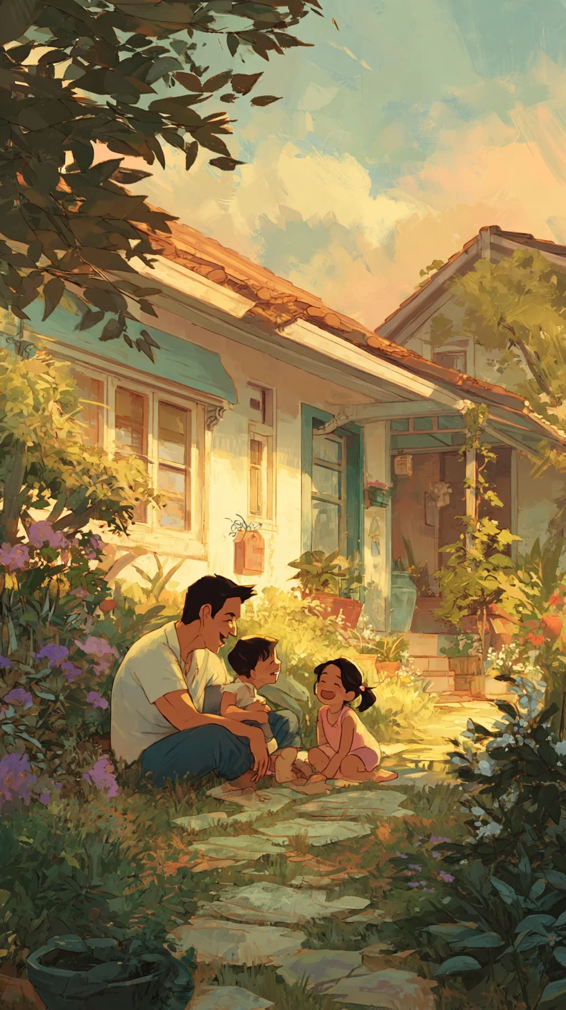 Padre e hija riendo juntos en un jardín al atardecer