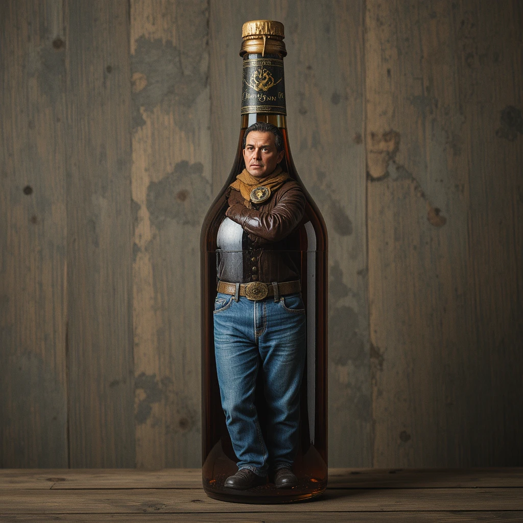 Hombre Atrapado Dentro de una Botella de Vino Vikingo con Cabeza Grande