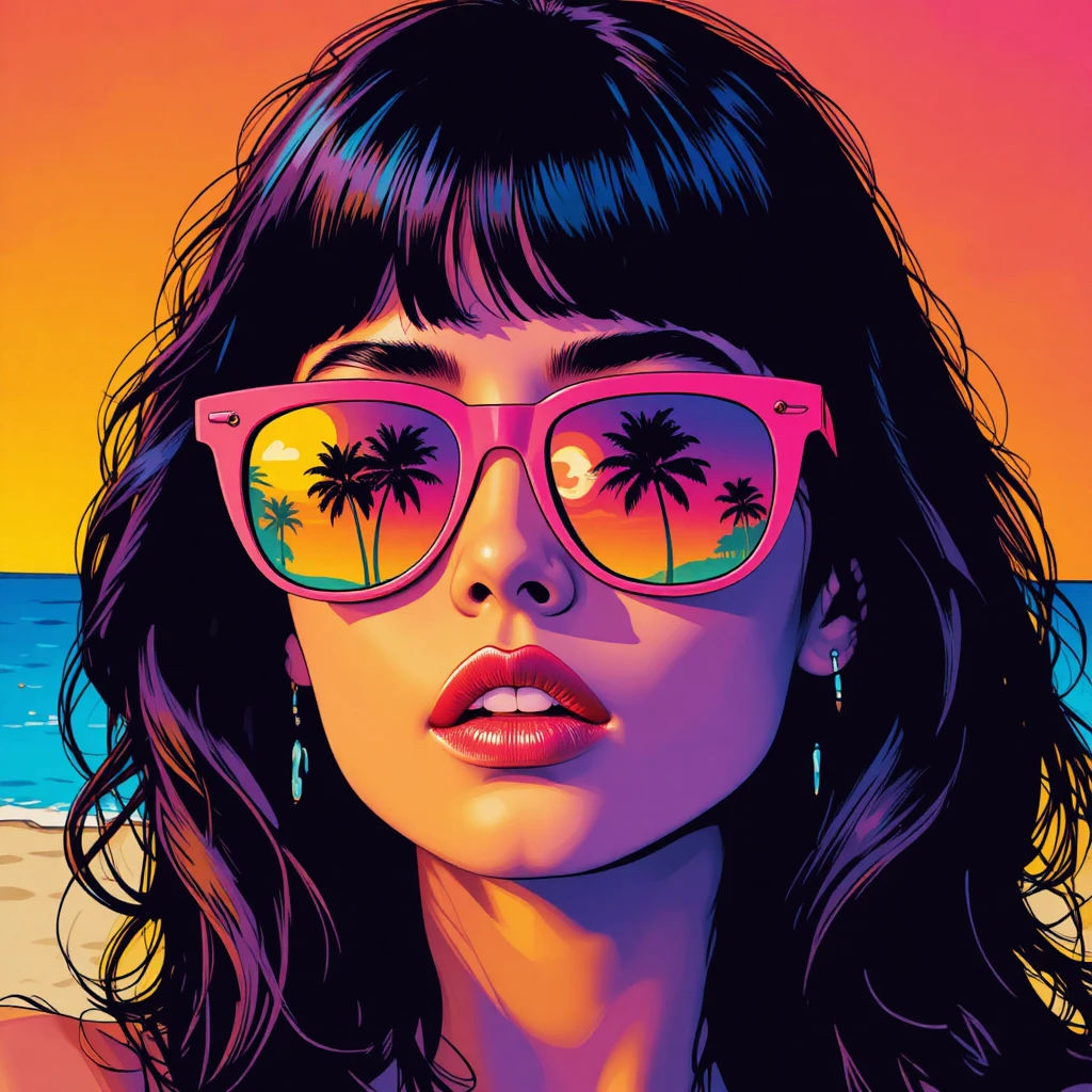 Pop-Art-Porträt einer Frau mit Sonnenbrille am Strand von Malibu
