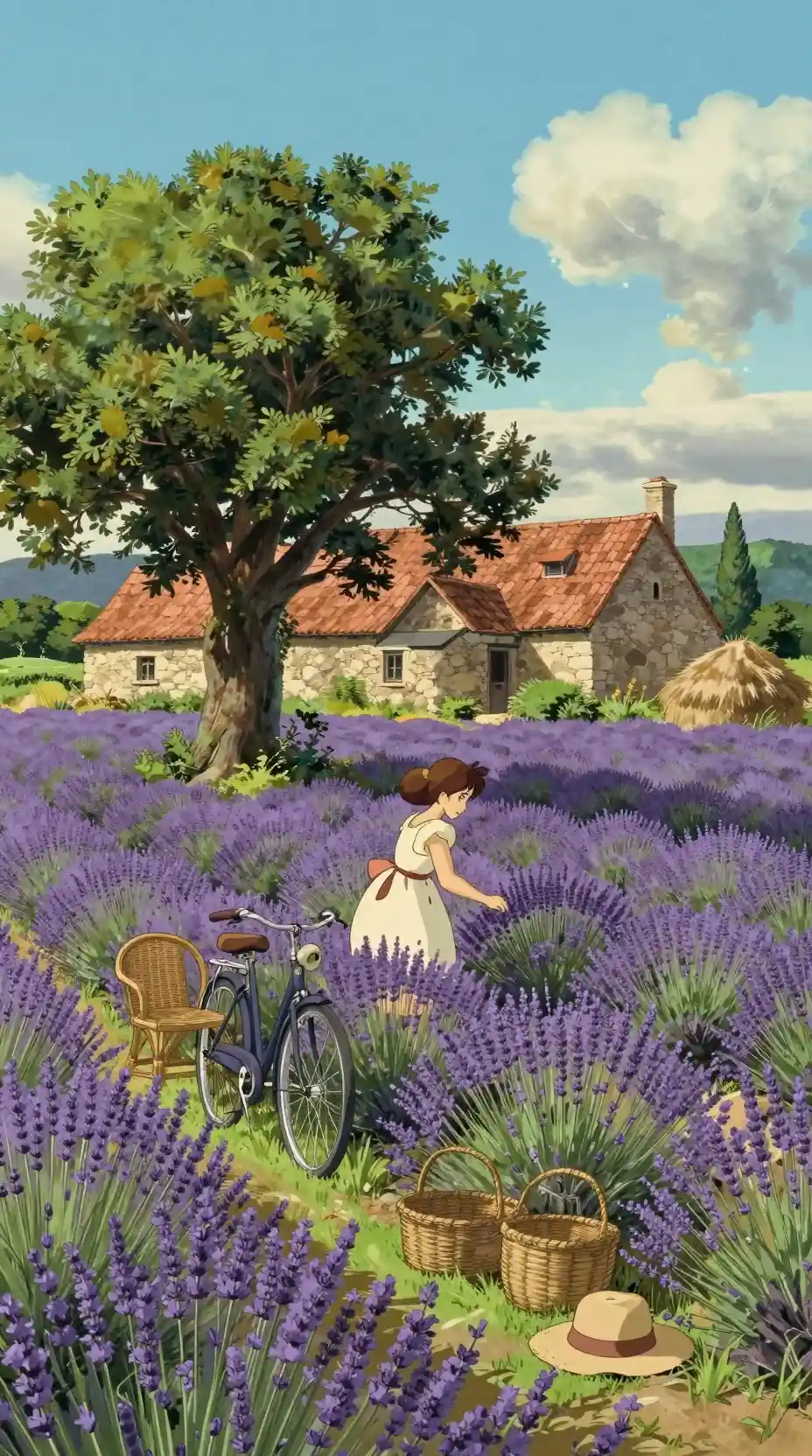 Ragazza che cura la lavanda accanto a cottage rustici nei campi estivi