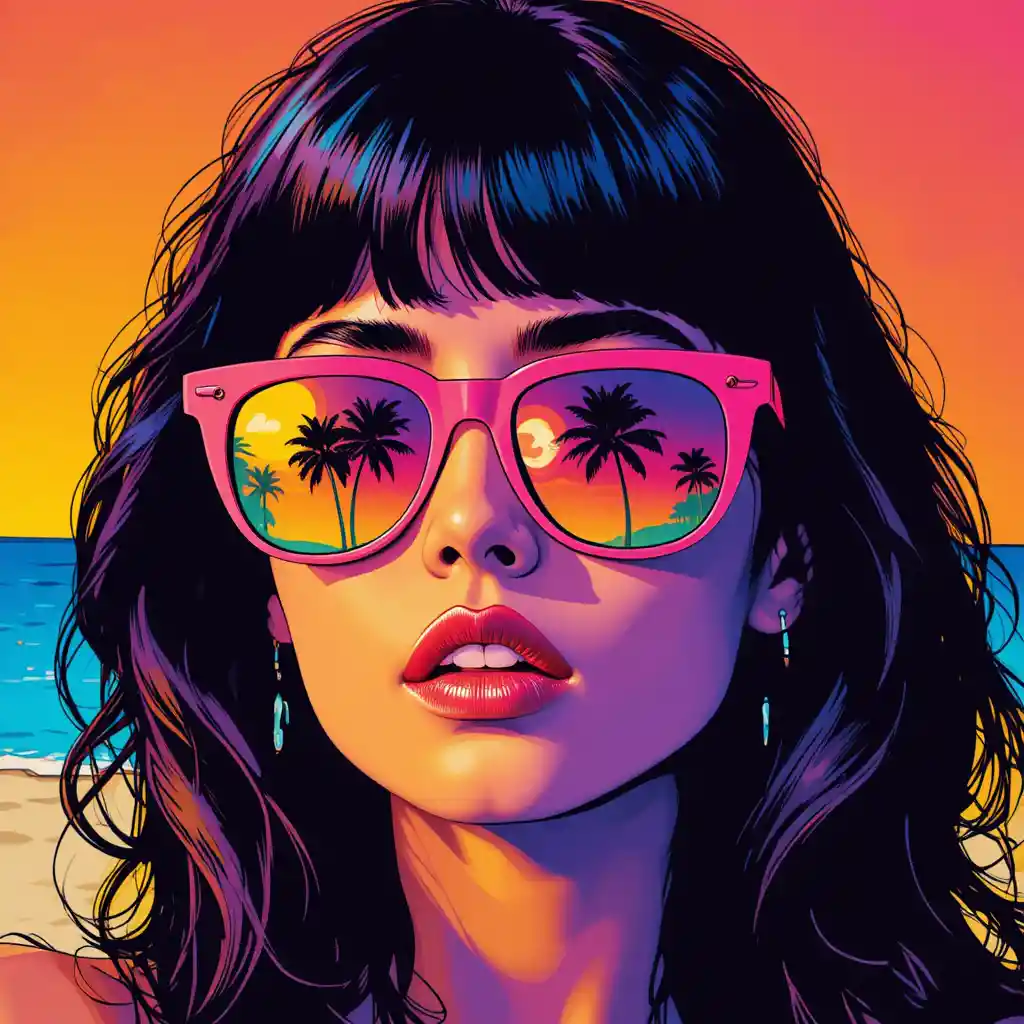 Pop-Art-Porträt einer Frau mit Sonnenbrille am Strand von Malibu