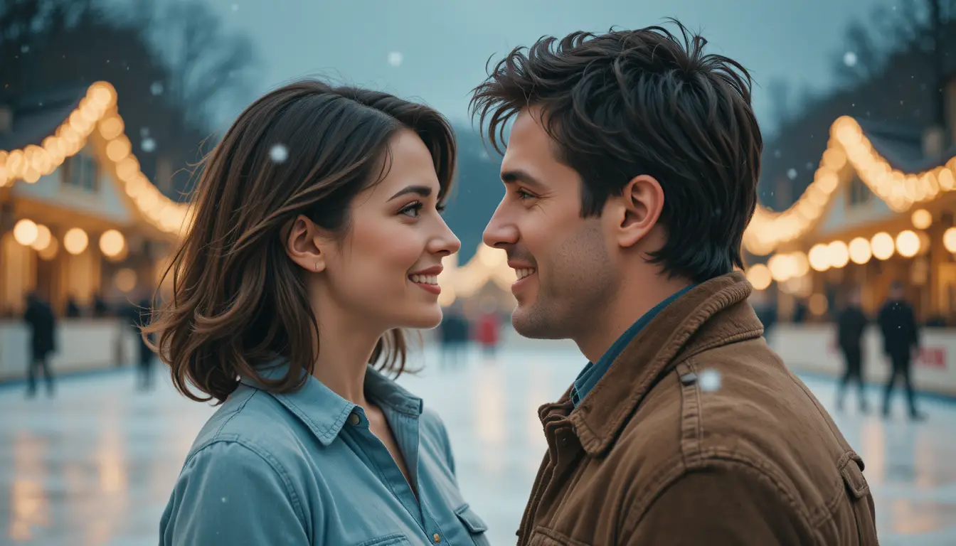 Coppia romantica che sorride su una pista di pattinaggio all’aperto al crepuscolo