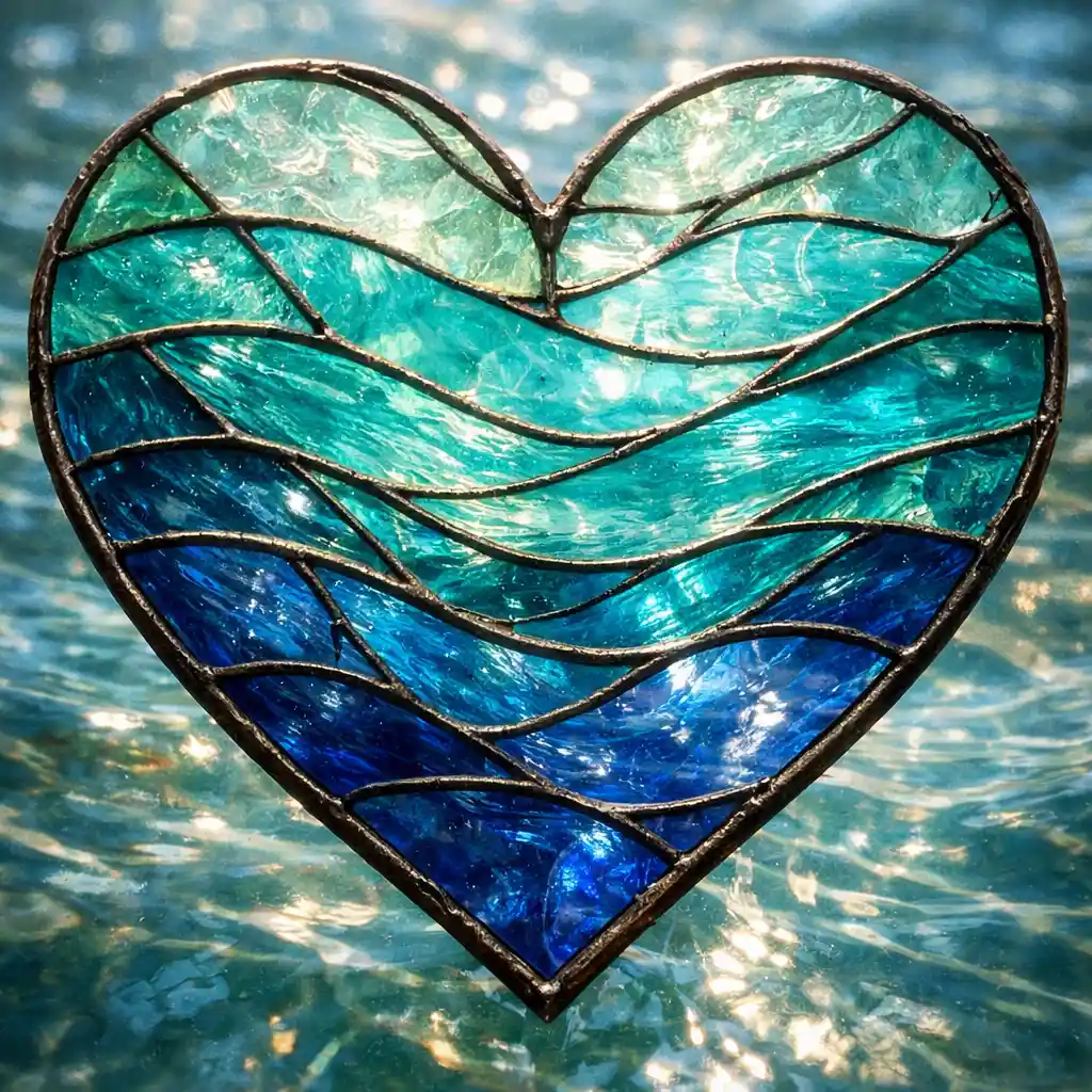 Stained glass heart in layered ocean inspired blue tones