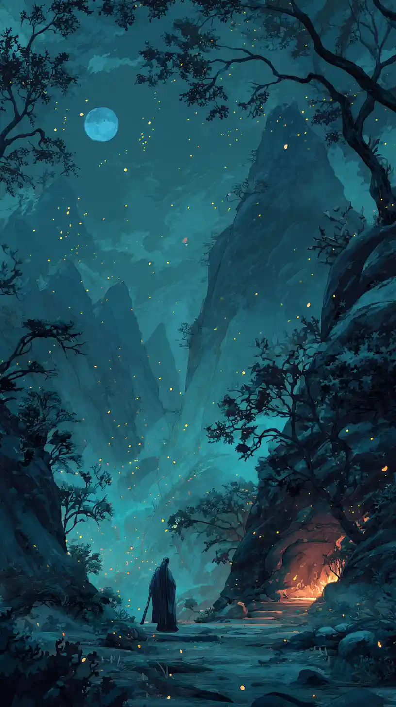 Créature mystique en robe dans un paysage de montagne dark fantasy