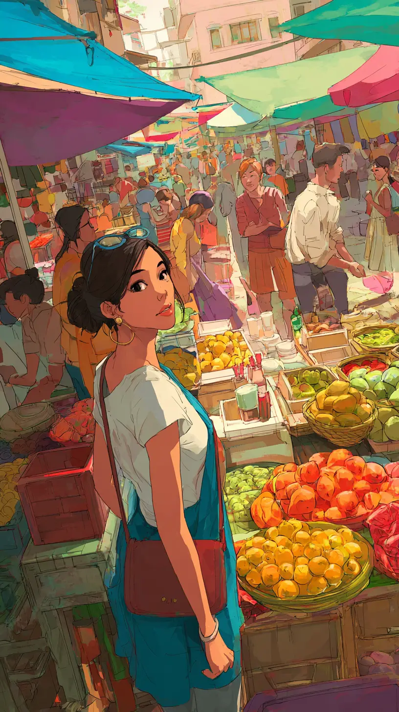Donna che sceglie frutta esotica in un vivace mercato di strada