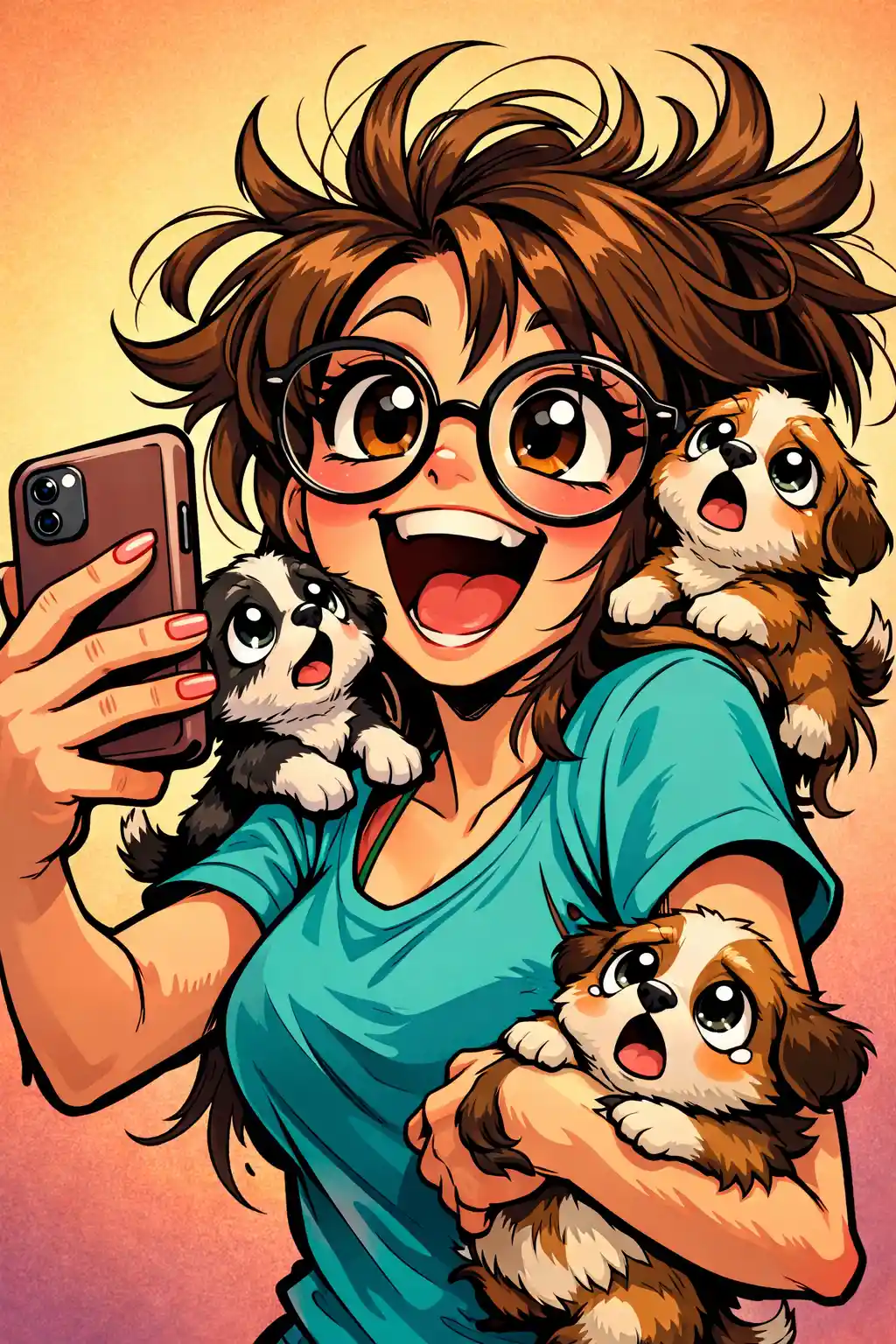 Cartoon dog mom taking a chaotic selfie with puppies