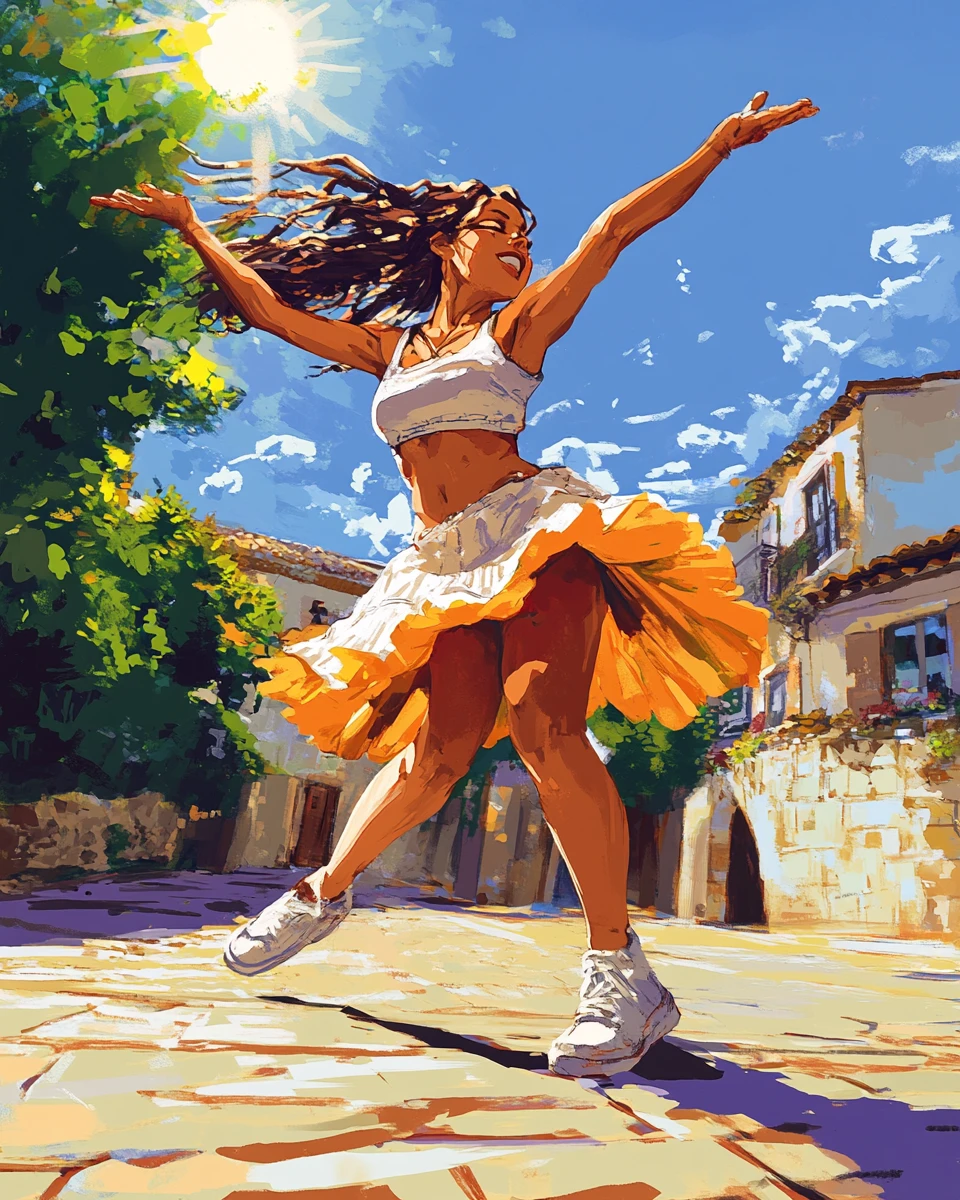 Anime woman dancing street dance under bright sunlight