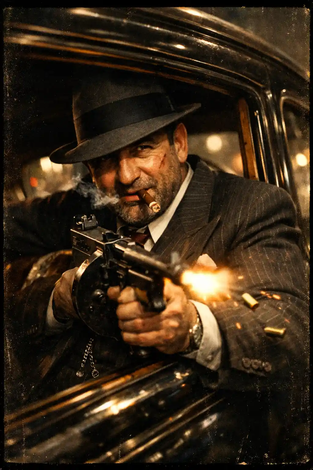 Vintage gangster in car aiming a Thompson submachine gun