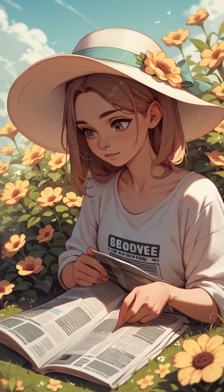 Abeja tierna leyendo un periódico sobre una flor a la luz del sol