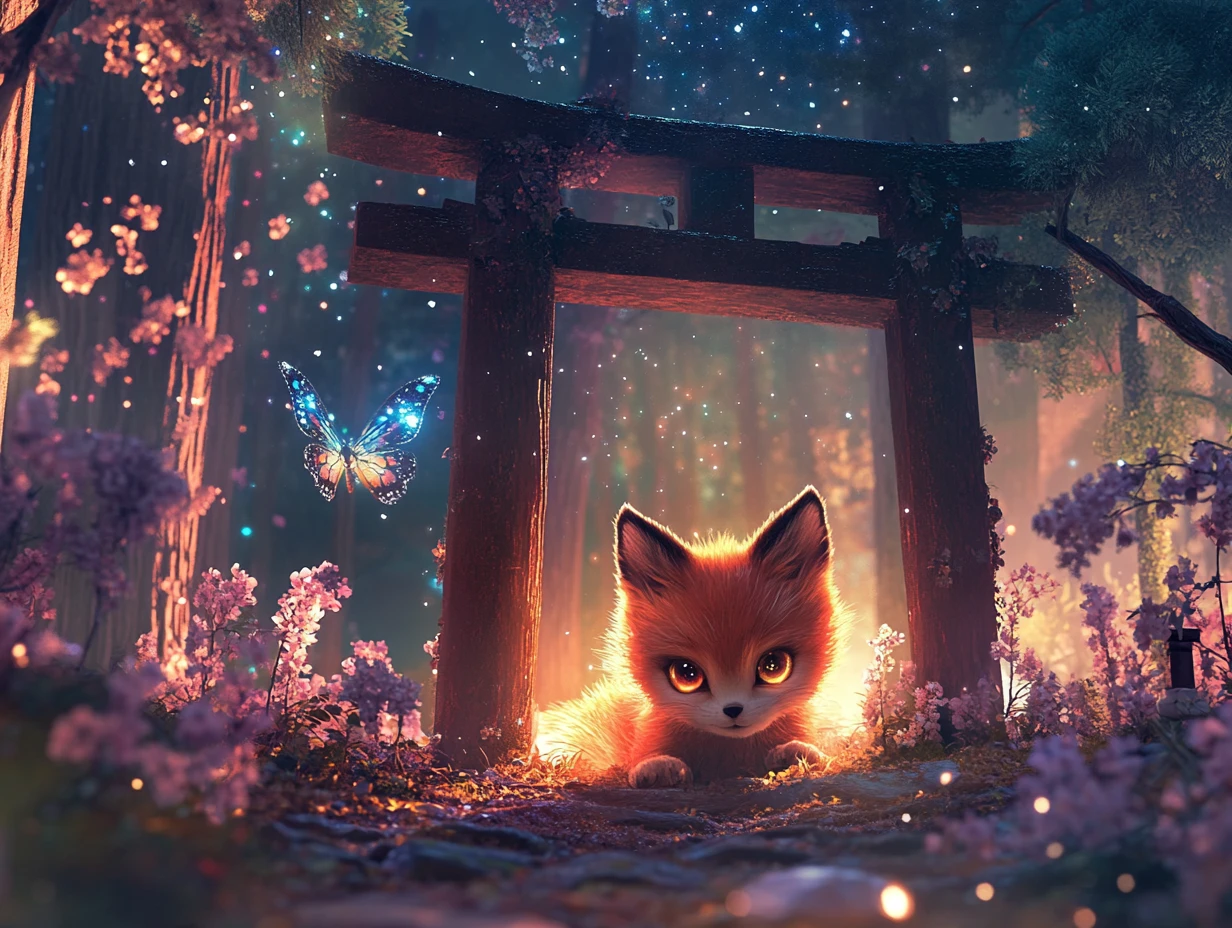 Cucciolo di kitsune sotto un torii in un boschetto di santuario luminoso