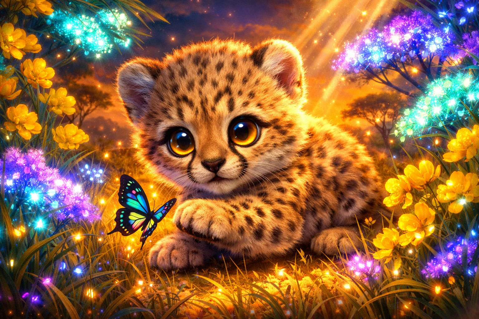 Cute baby cheetah cub playing with a glowing butterfly