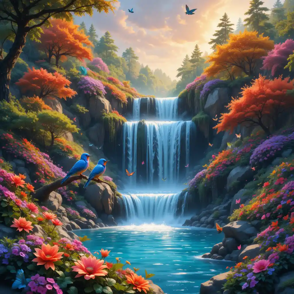 Magischer Waldwasserfall mit bunten Vögeln und Schmetterlingen