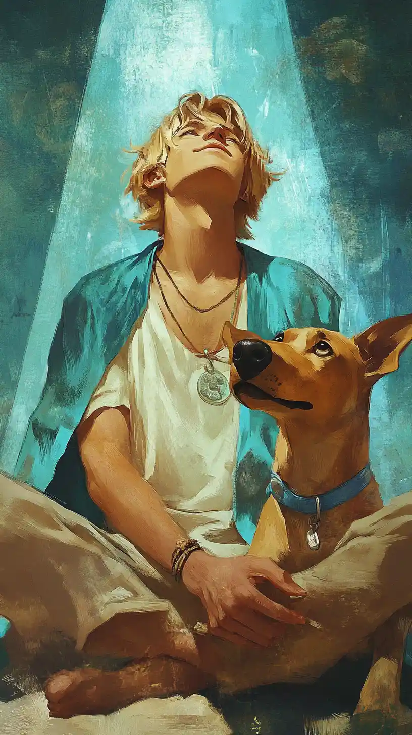 Uomo e cane cartoon seduti tranquillamente su sfondo turchese