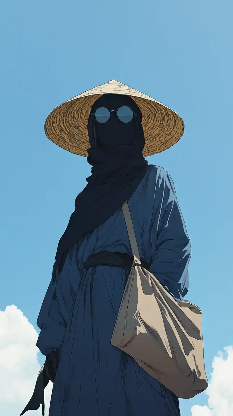 Mysterious man in navy dress under clear blue sky