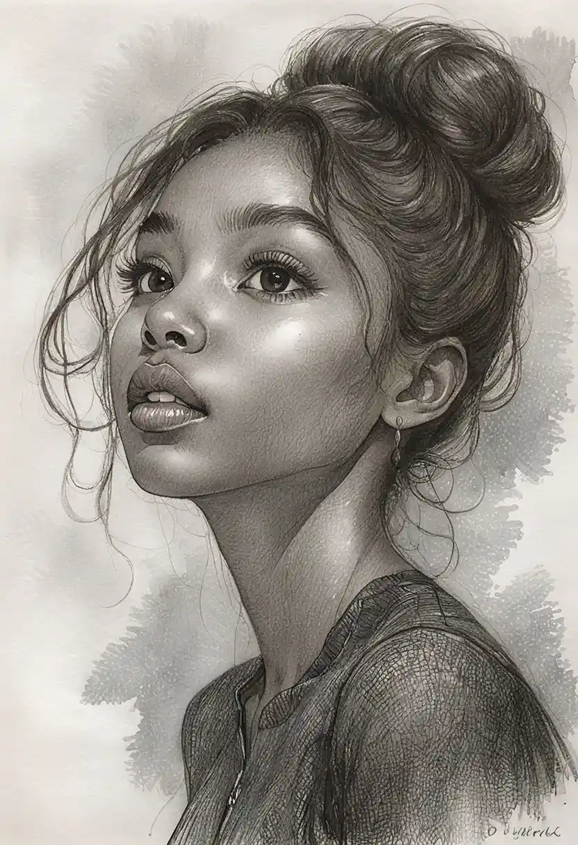 Graphite portrait of a black girl gazing upward dreamily