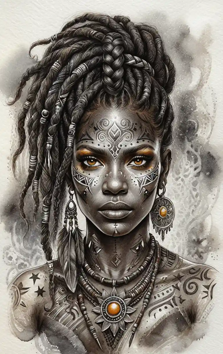 Retrato a lápiz de mujer guerrera tribal mística con ojos color ámbar