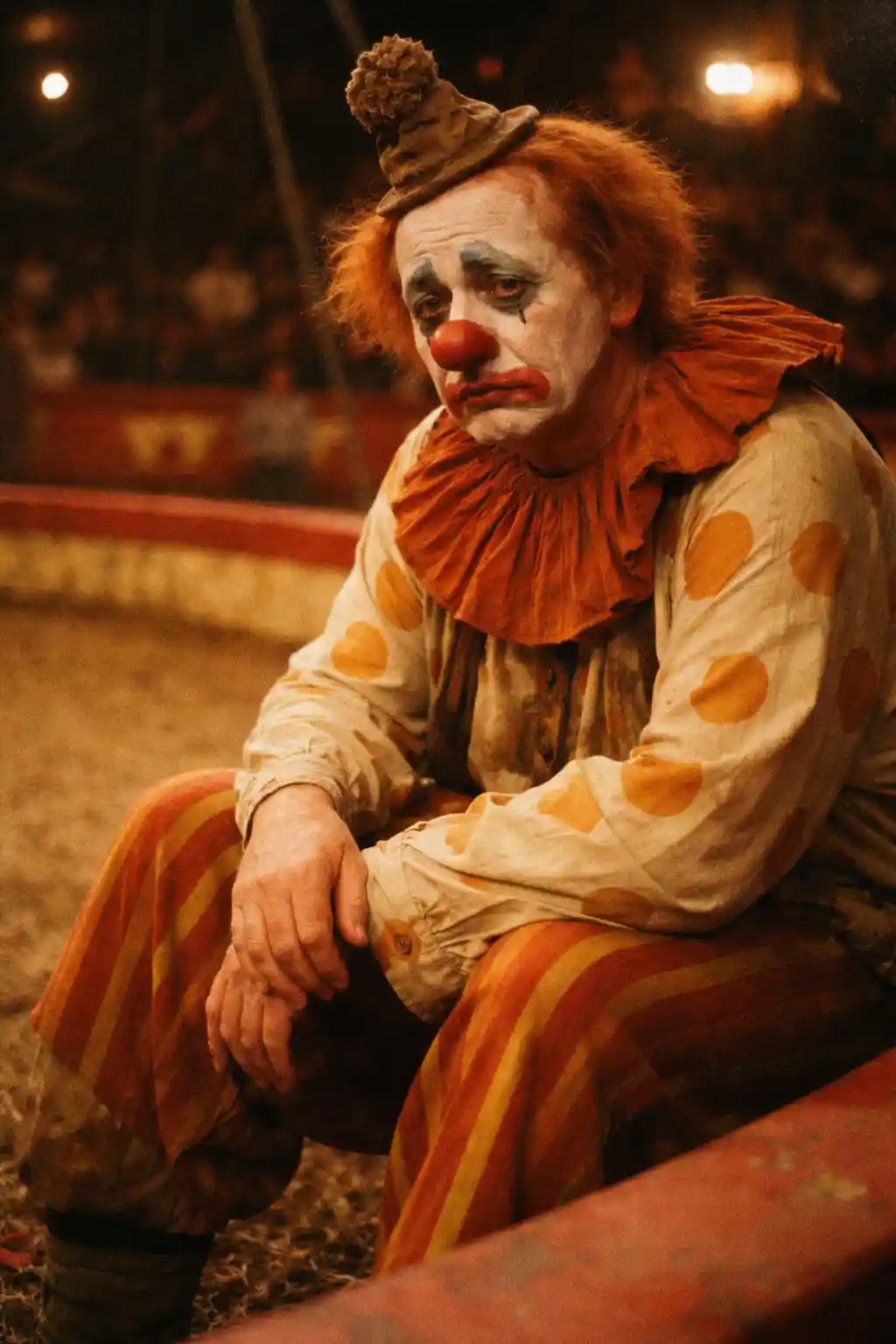 Trauriger Clown sitzt allein am Rand einer Zirkusmanege